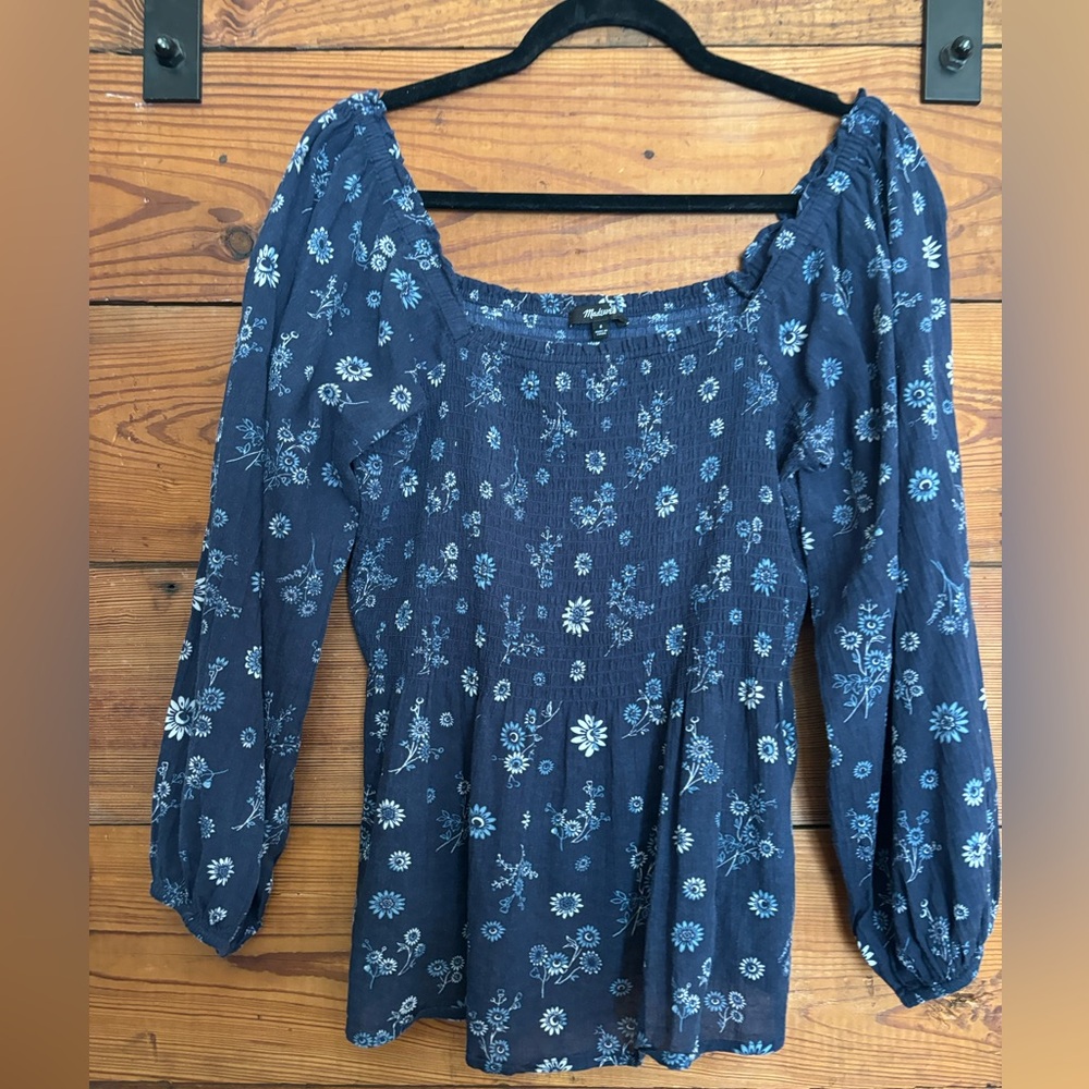 Madewell Peplum Blue Floral Smocked Top